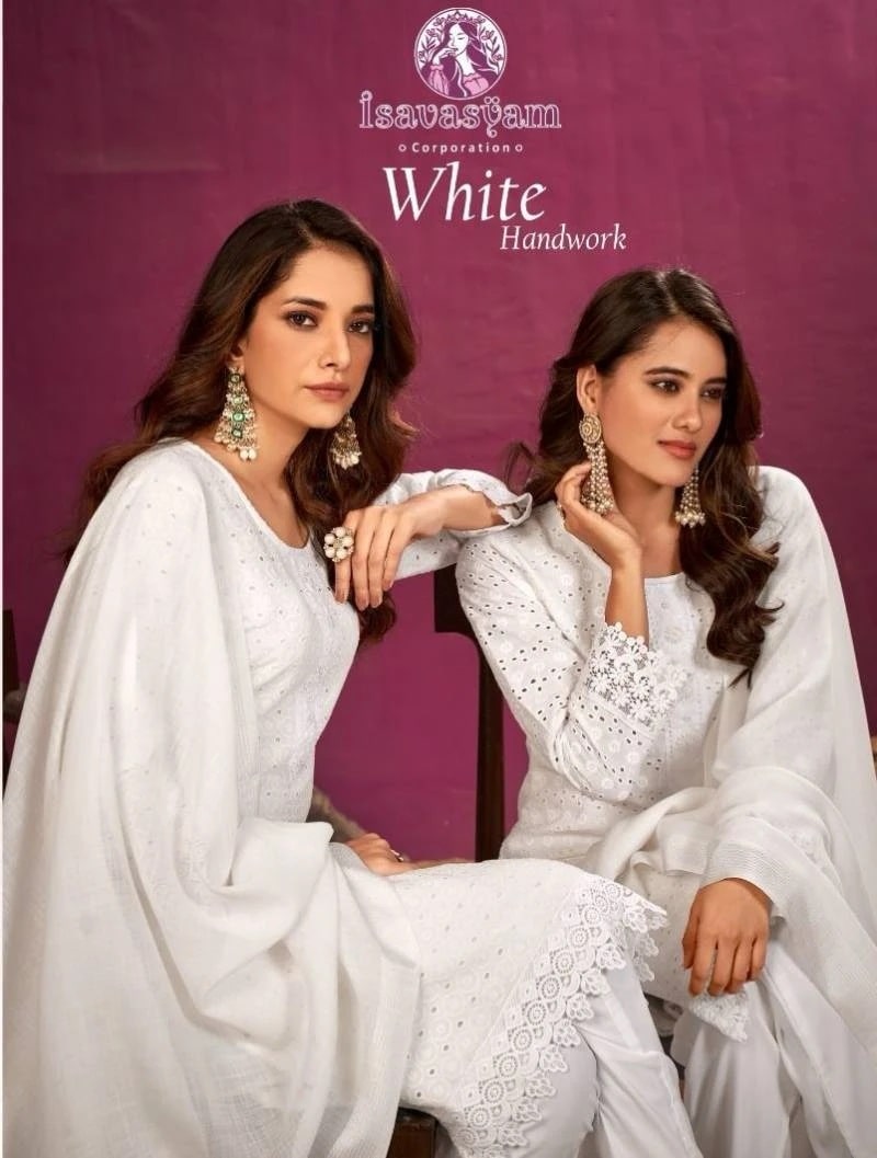 Isavasyam White Handwork Cotton White Kurti With Bottom Dupatta