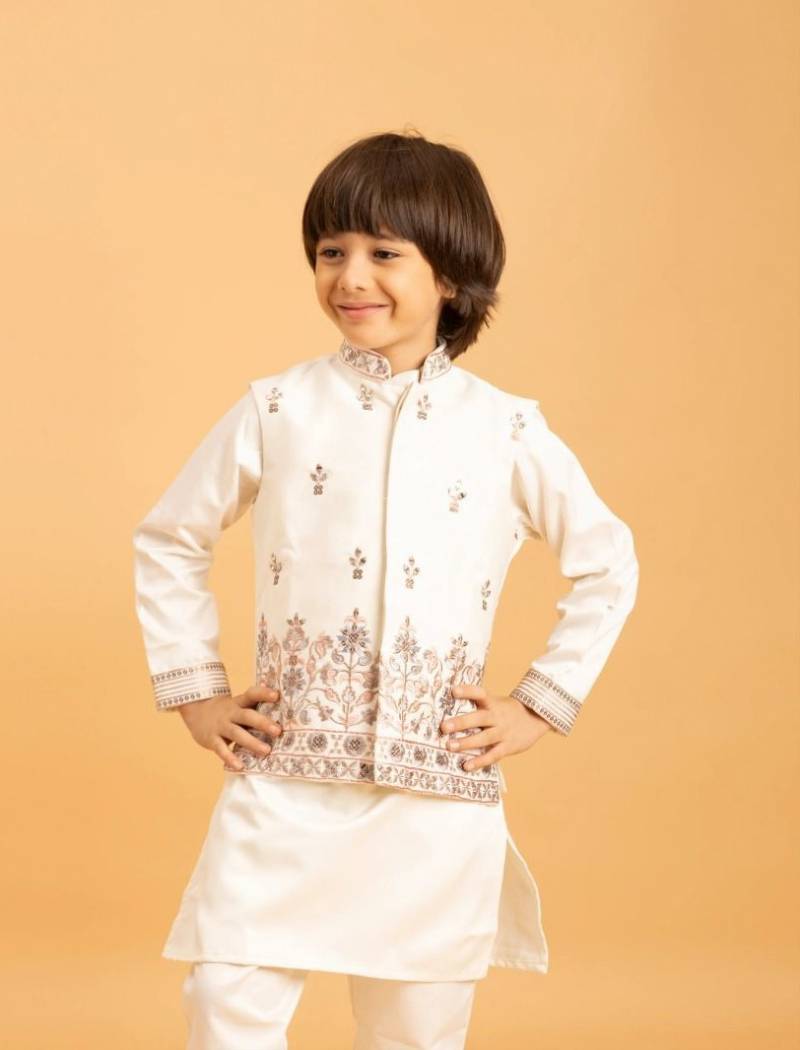 Clleora Ethni Kidz Malai Satin Wedding Special Kids Boys Kurta Pant And Koti