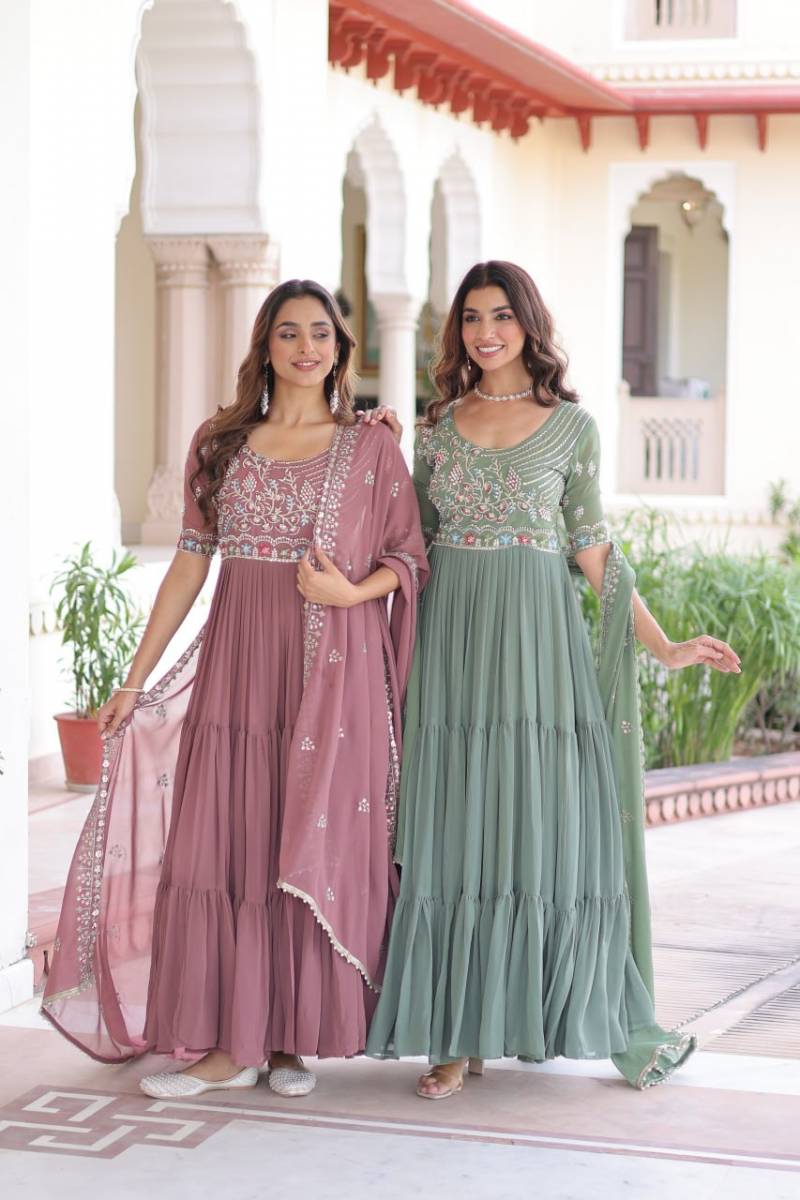 Ka 1213 Sequins Beads Faux Blooming Designer Gown With Dupatta Collection