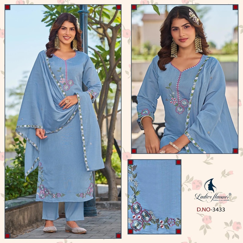 Ladies Flavour 3432 To 3434 Mul Chanderi Kurti Set With Dupatta