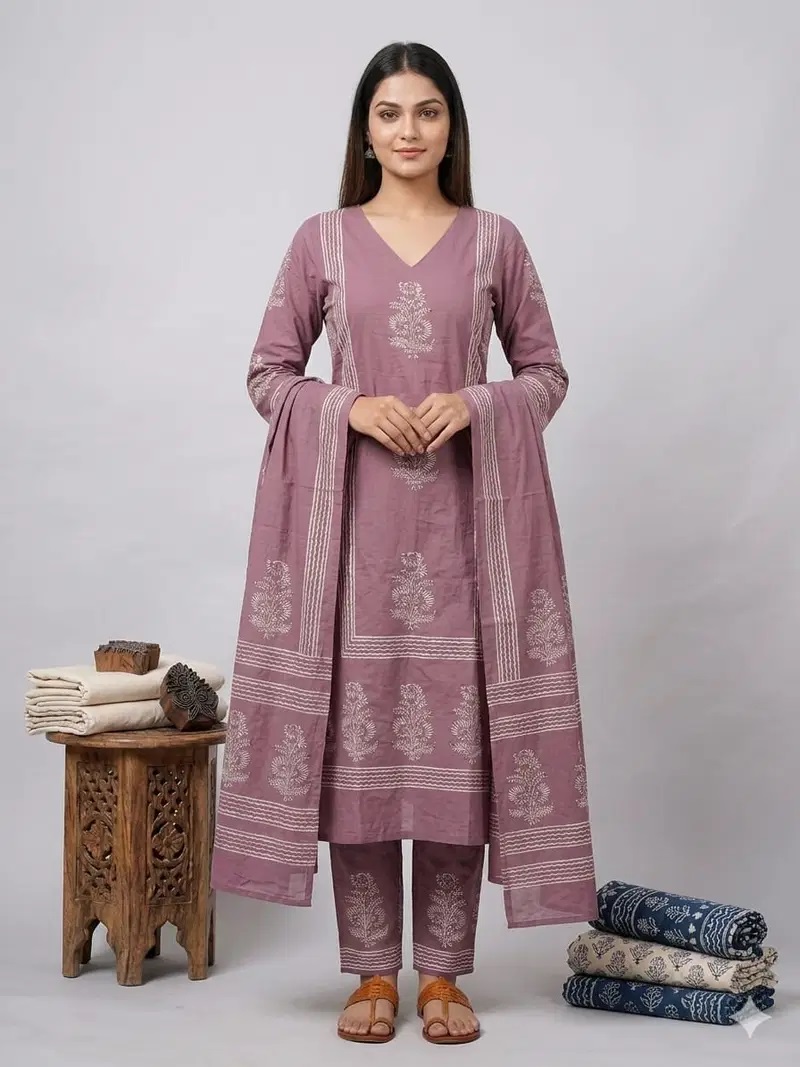 Naisha K 947 Cotton Handworked Kurti With Bottom Dupatta
