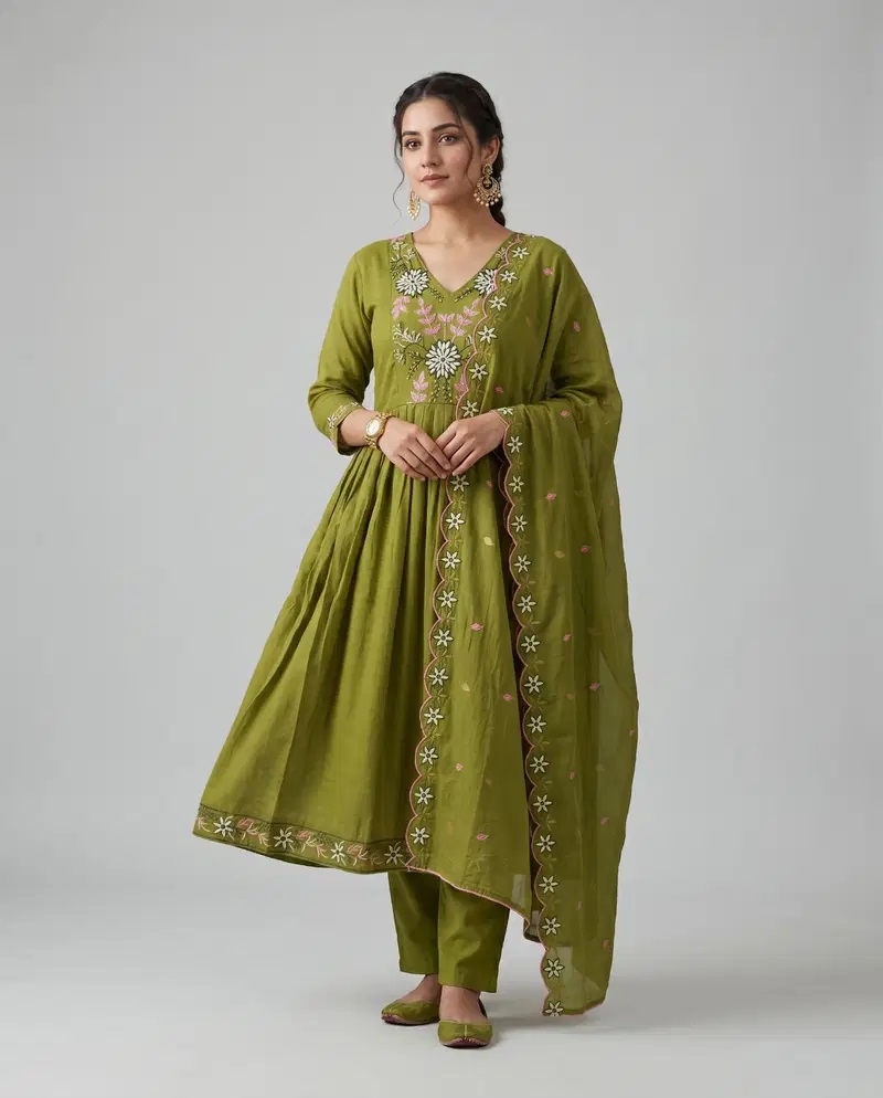 Naisha K 950 Mul Chanderi Embroidery Work Kurti With Bottom Dupatta
