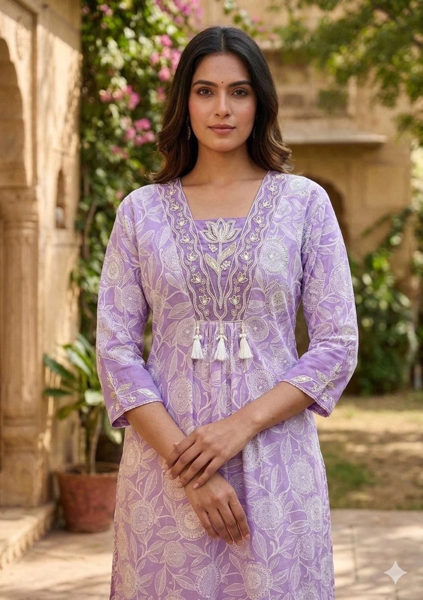 Vitara Saloni Foil Printed Cotton Kurti With Bottom Dupatta