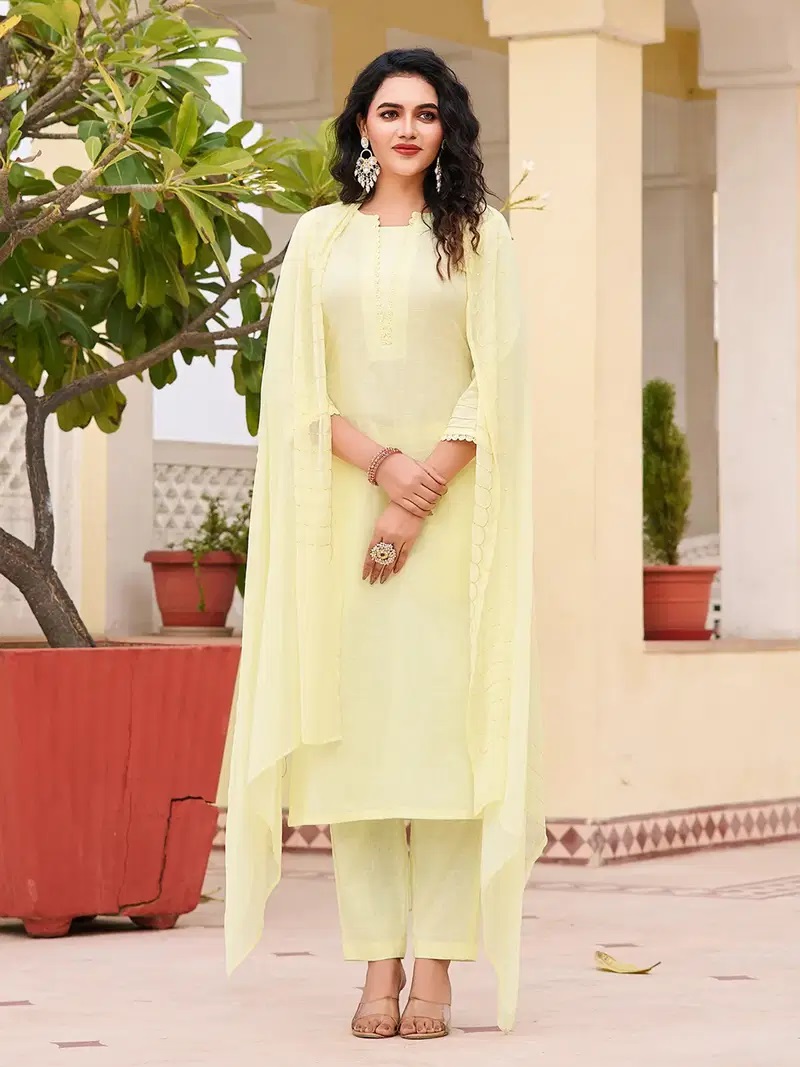 Dhruvi 437 Linen Plain Kurti Pent Set With Dupatta
