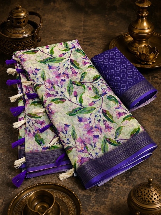 Scmg Flora A Linen Floral Printed Saree Collection