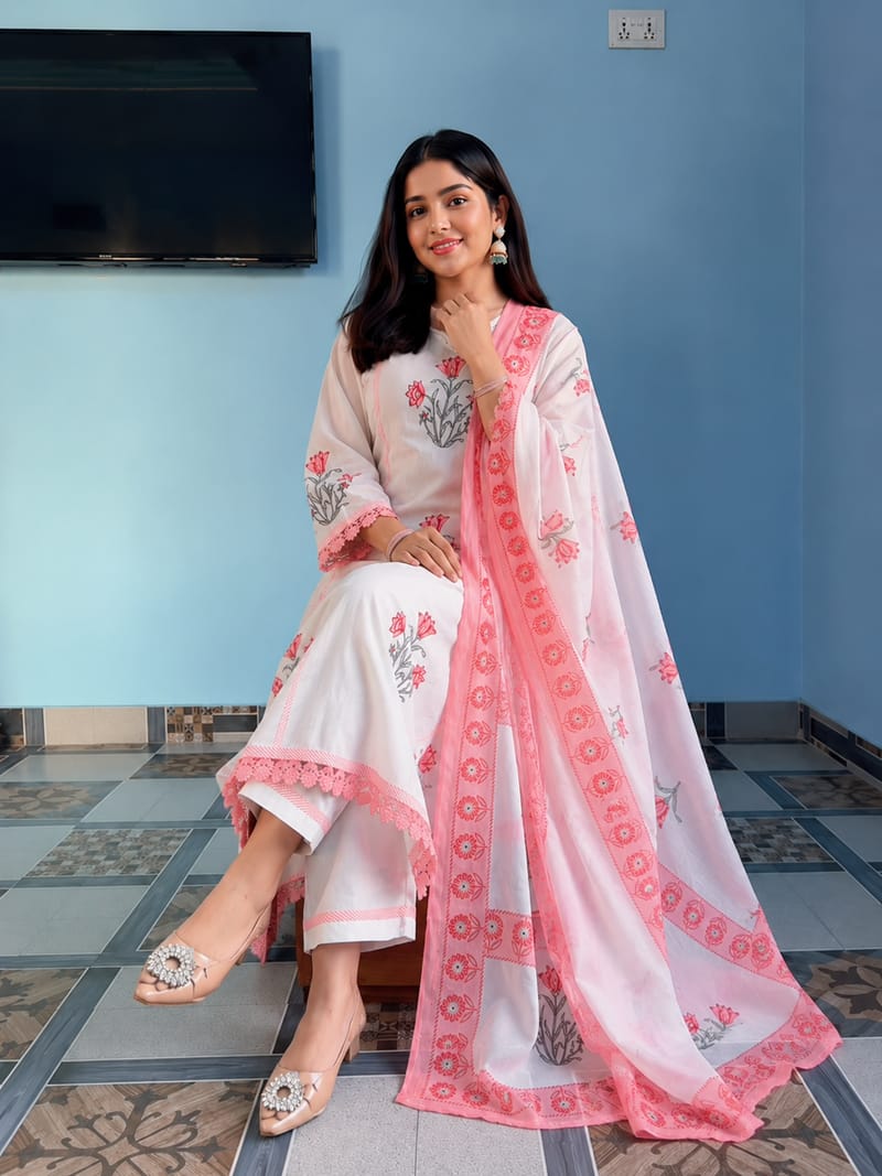Murti Balaji White Hand Block Jaipuri Cotton Kurti Set With Dupatta