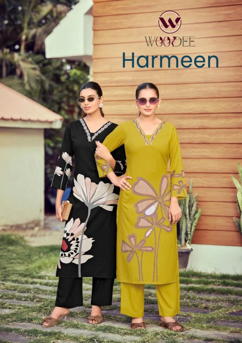 Woodee Harmeen Rayon Thread Worked Kurti With Bottom