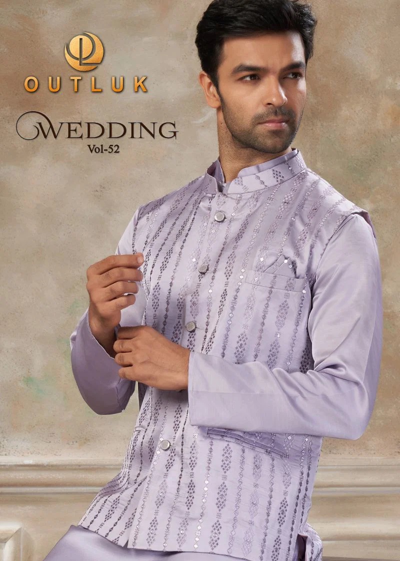 Outluk Wedding 52 Satin Silk Mens Kurta With Koti Pajama Collection