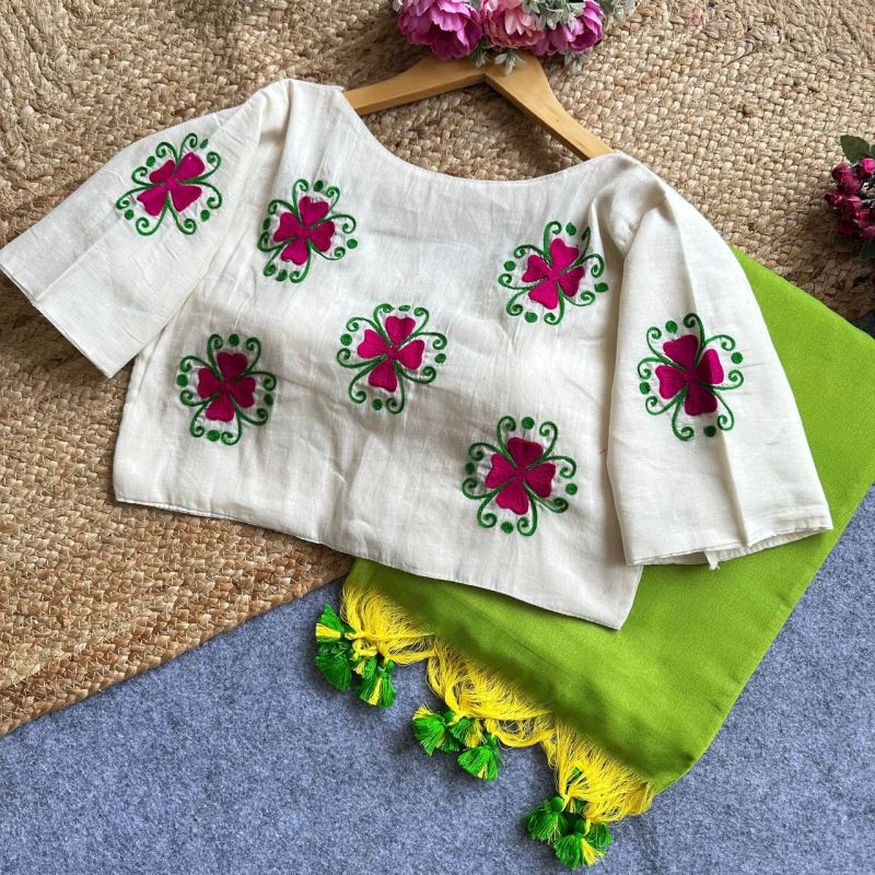 Khadi Hk 42 Khadi Cotton Saree With Embroidery Readymade Blouse