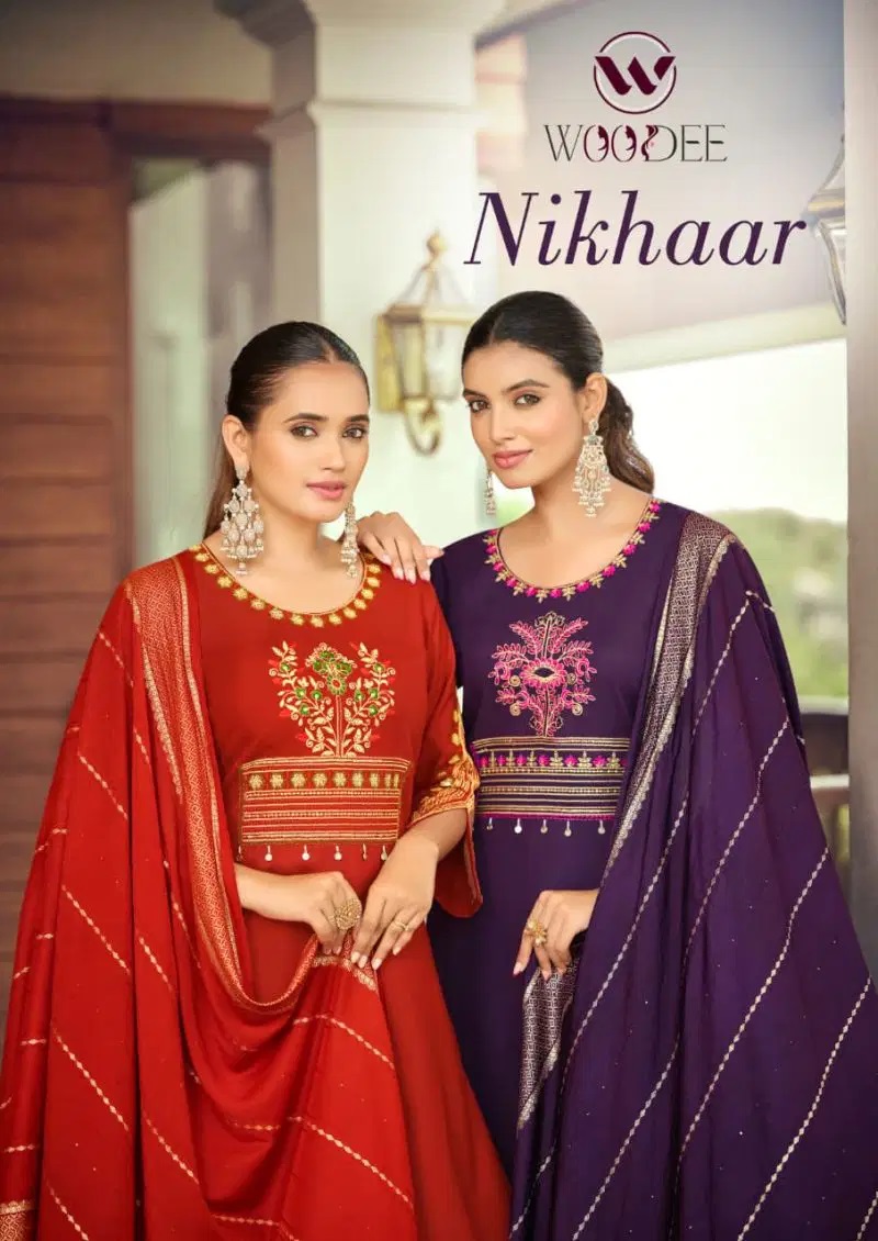 Woodee Nikhaar Rayon Hand Work Kurti Set With Dupatta