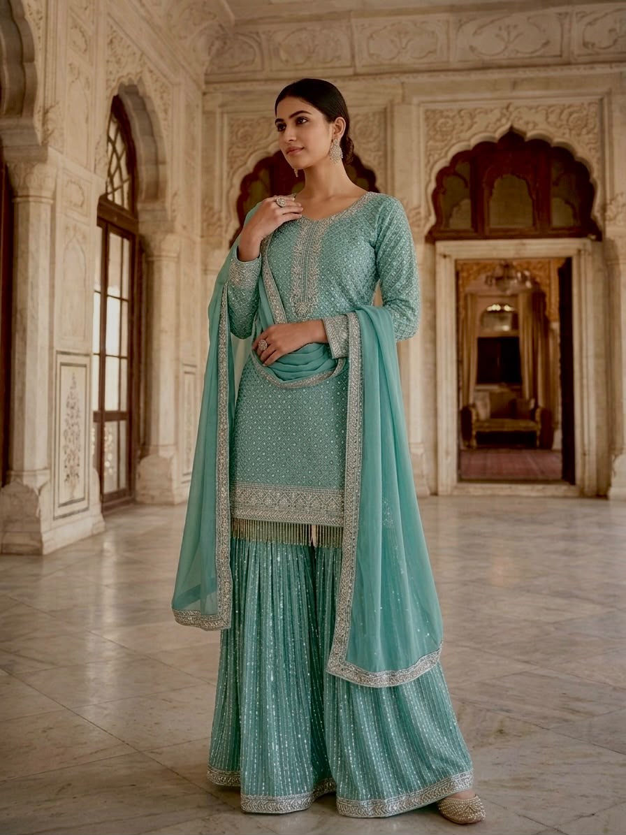 HK 1527 Designer Embroidery Work Sharara Suits With Dupatta