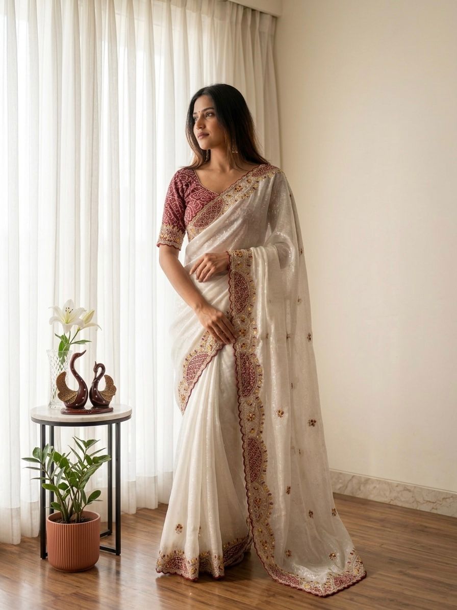 N 5604 Soft Crunchy White Aplic Work Designer Sarees Collection