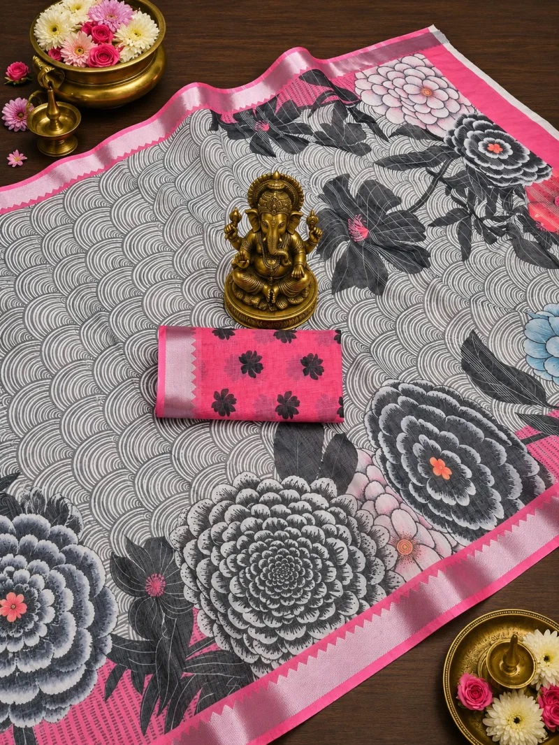 Scmg Flora L Linen Printed Saree Online In India