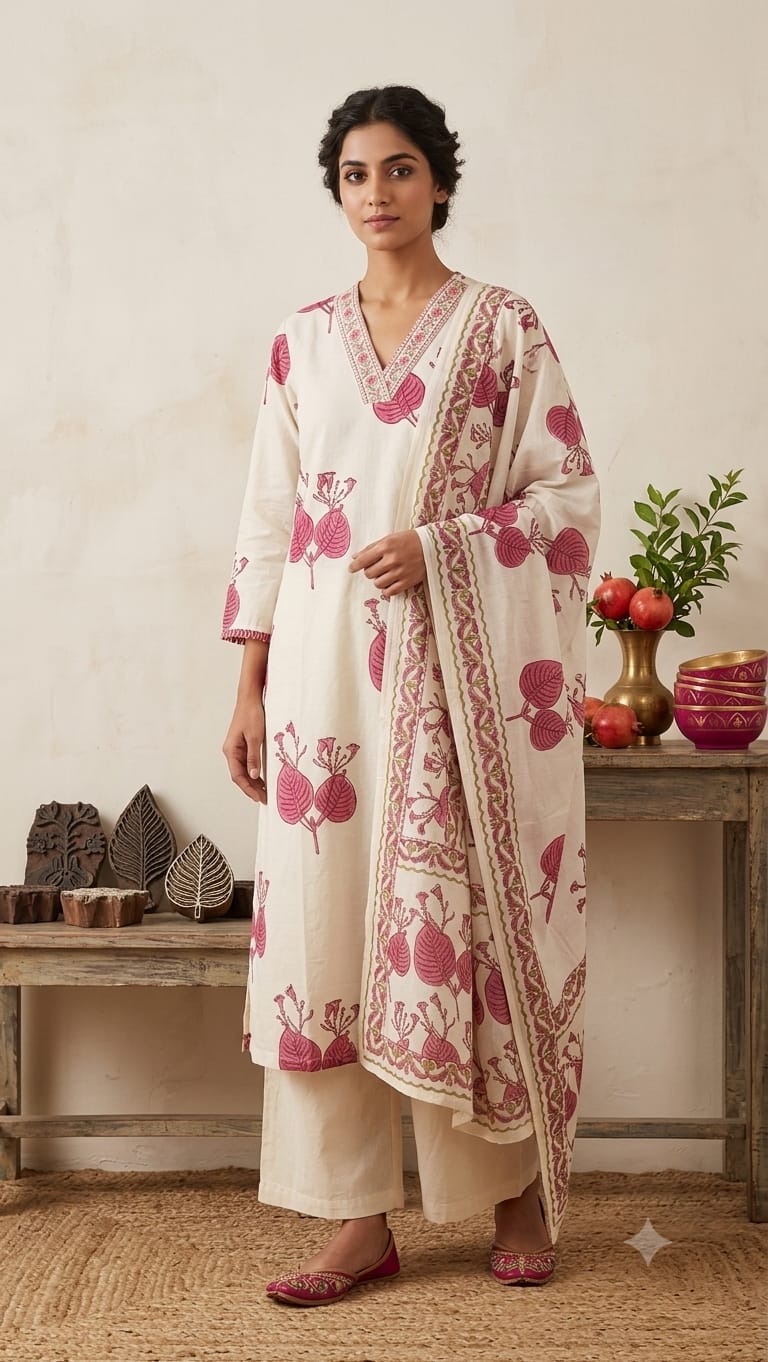 Nisha K 1083 Cotton Hand Work Kurti With Bottom Dupatta