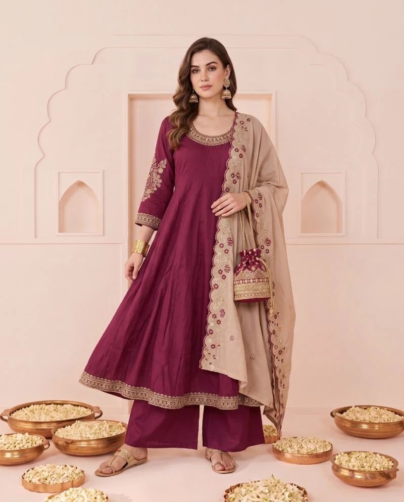 Nisha K 1100 Embroidered Anarkali Kurti with Bottom Dupatta