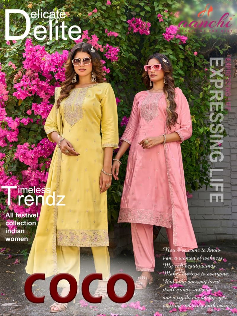 Aanchi Coco Embroidered Kurti Set With Dupatta