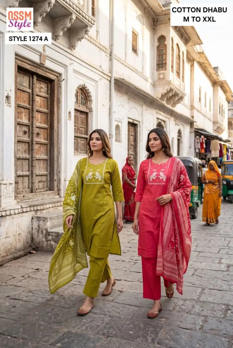 Ossm Style 1274 Dhabu Cotton Kurti With Bottom Dupatta