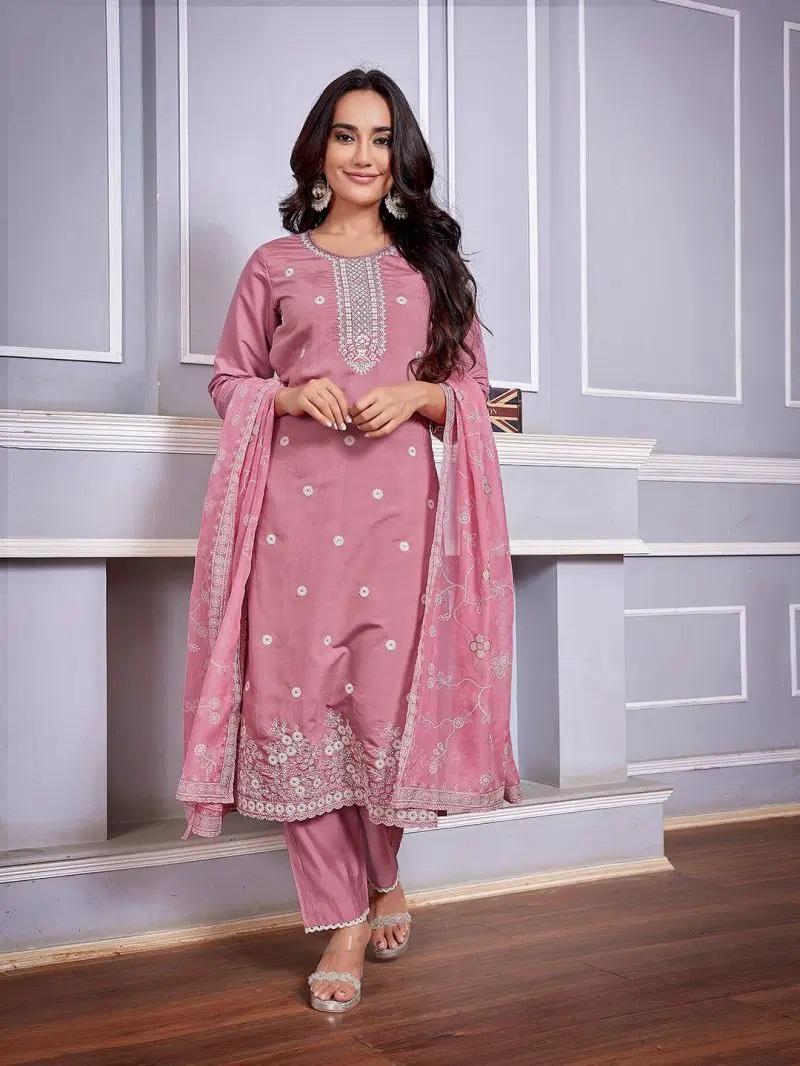 Dhruvi 487 Silk Blend Embroidered Kurti Pant With Dupatta