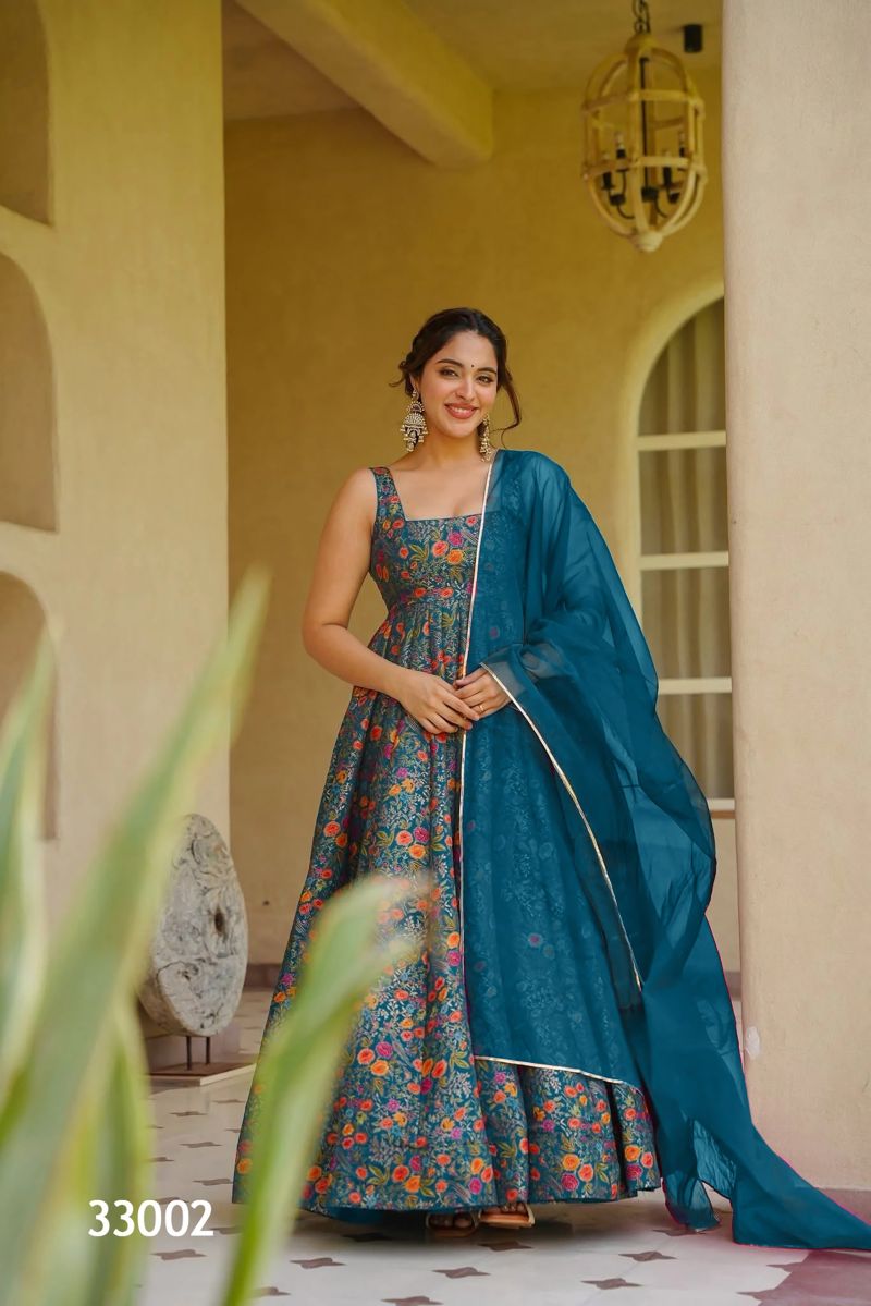 Lucaya Vol 33 Silk Printed Flared Fancy Gown With Dupatta Collection