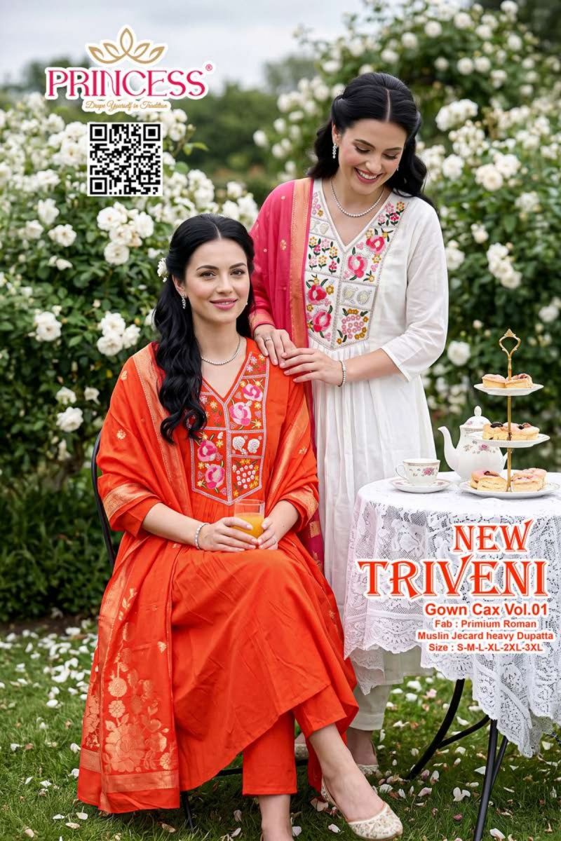 Princess New Triveni Roman Silk Anarkali Kurti Set With Dupatta