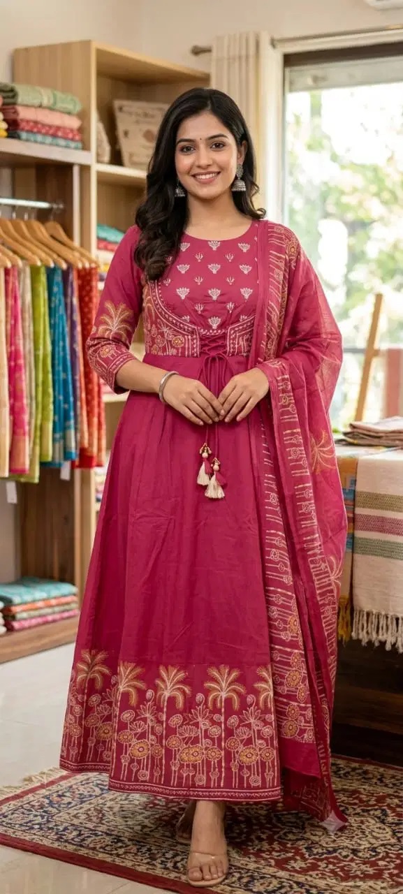 Tlc Vol 56 Cotton Anarkali Kurti With Bottom Dupatta