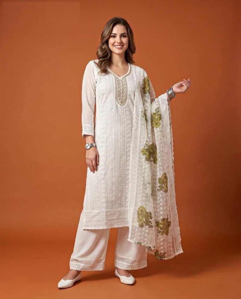 Naisha K 1286 Georgette Schiffli Kurti With Bottom Dupatta