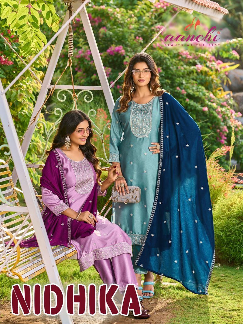 Aanchi Nidhika Crystal Silk Embroidered Kurti Set With Dupatta