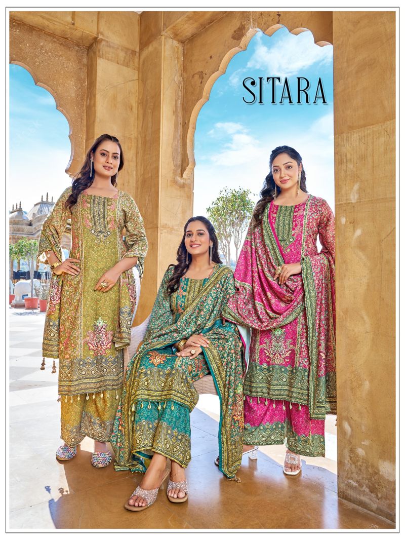 Banwery Sitara Jam Satin Printed Kurta Palazzo With Dupatta