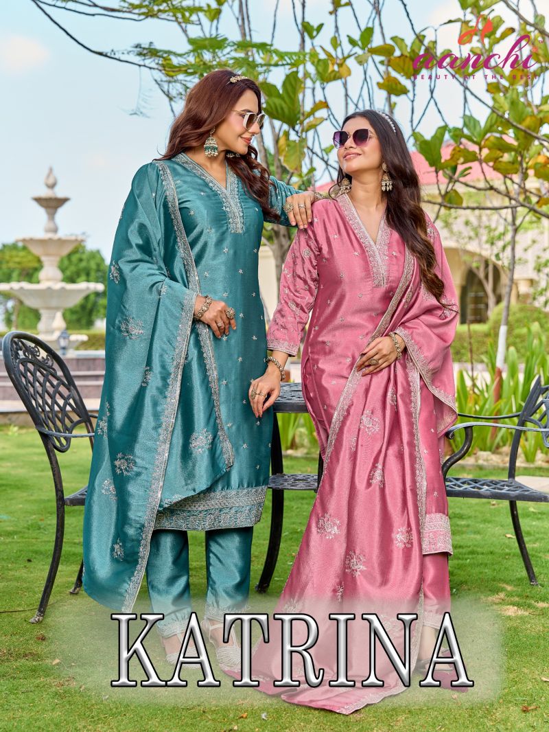 Aanchi Katrina Crystal Silk Embroidered Kurti Bottom With Dupatta